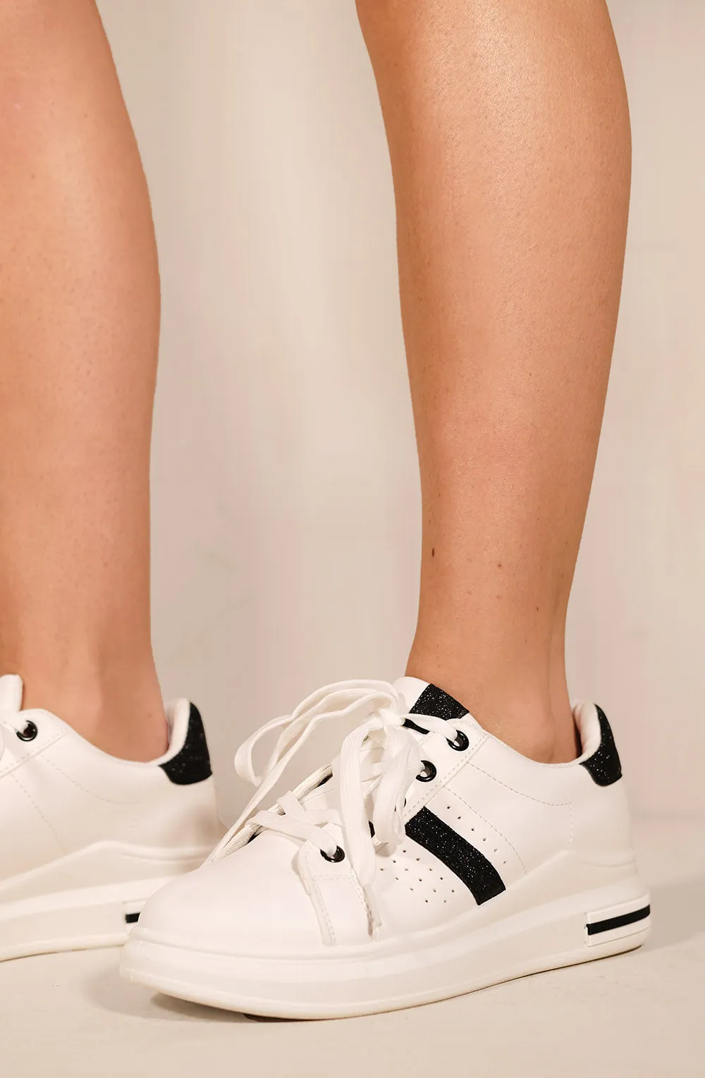 CADIA PLATFORM CHUNKY TRAINERS WITH BLACK GLITTER IN WHITE