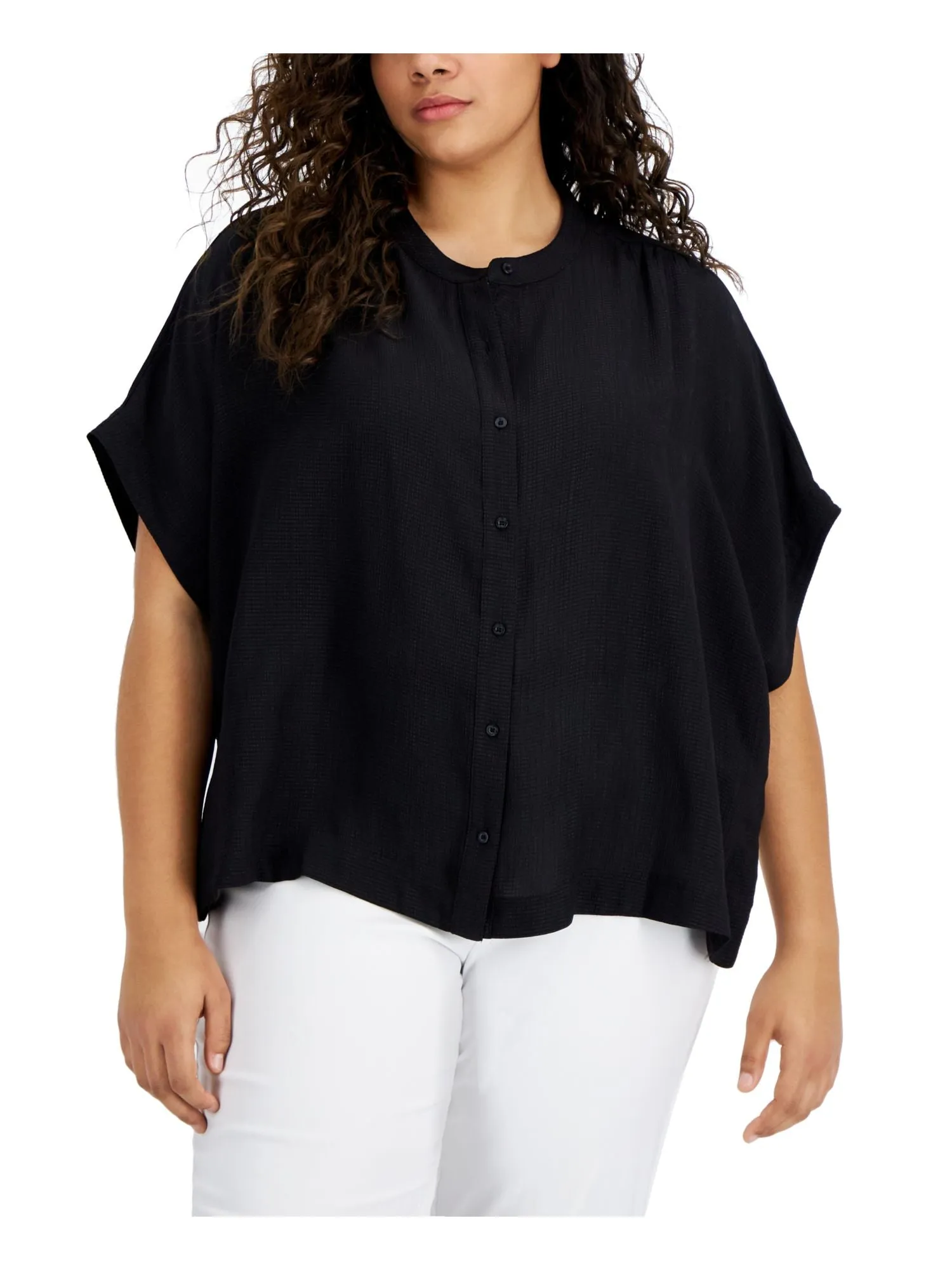 CALVIN KLEIN Womens Black Textured Gathered Vented Sides Short Sleeve Round Neck Button Up Top