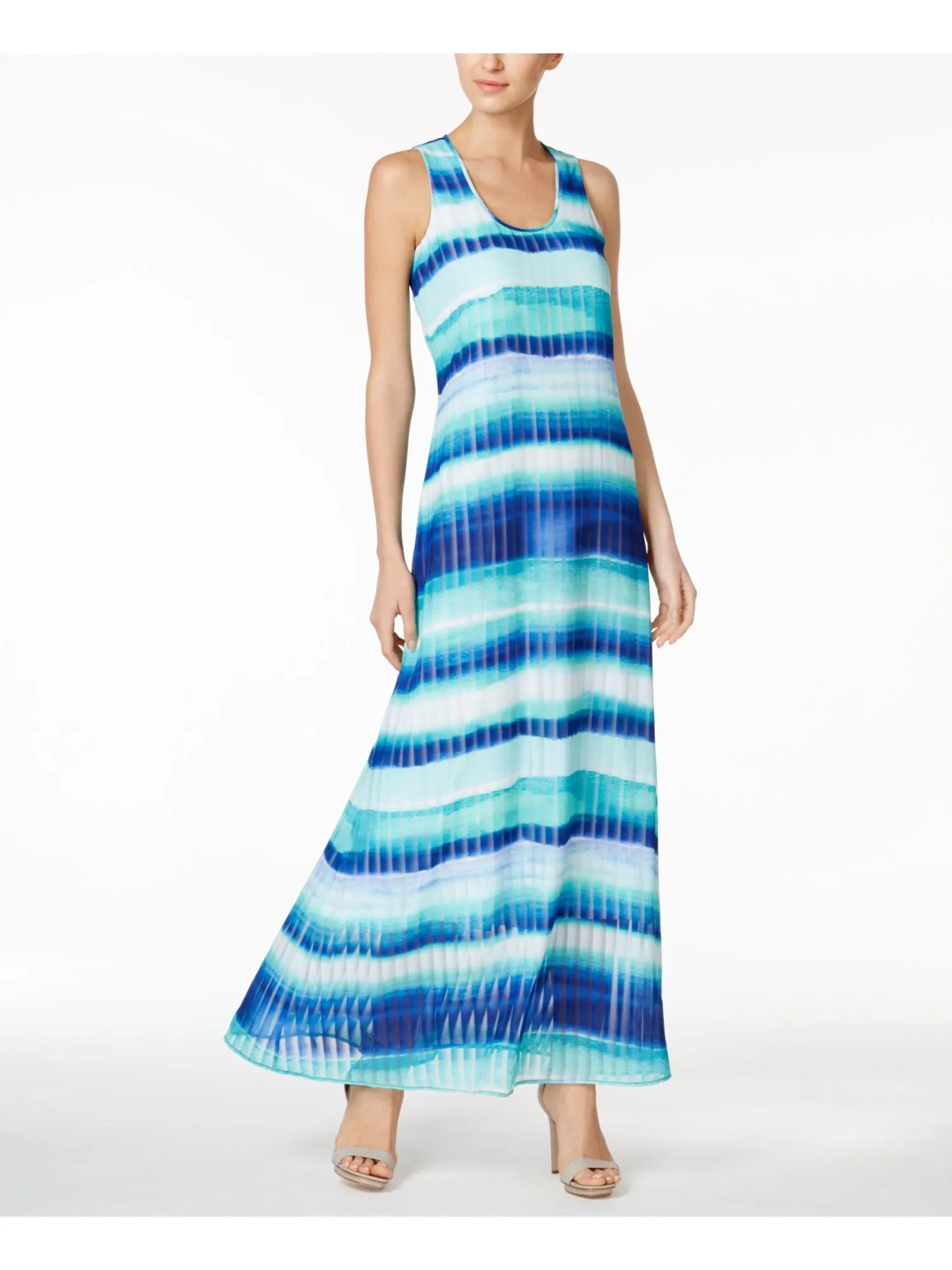 CALVIN KLEIN Womens Blue Striped Sleeveless Scoop Neck Full-Length Sheath Dress