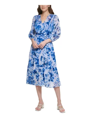 CALVIN KLEIN Womens Blue Zippered Belted Tiered Ruffled Skirt Tie Dye Blouson Sleeve Surplice Neckline Midi Wear To Work Fit   Flare Dress