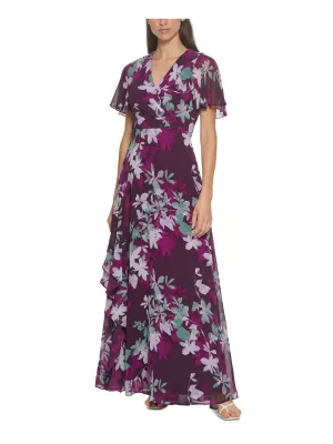 CALVIN KLEIN Womens Purple Zippered Pleated Chiffon Lined Floral Flutter Sleeve Surplice Neckline Full-Length Formal Gown Dress