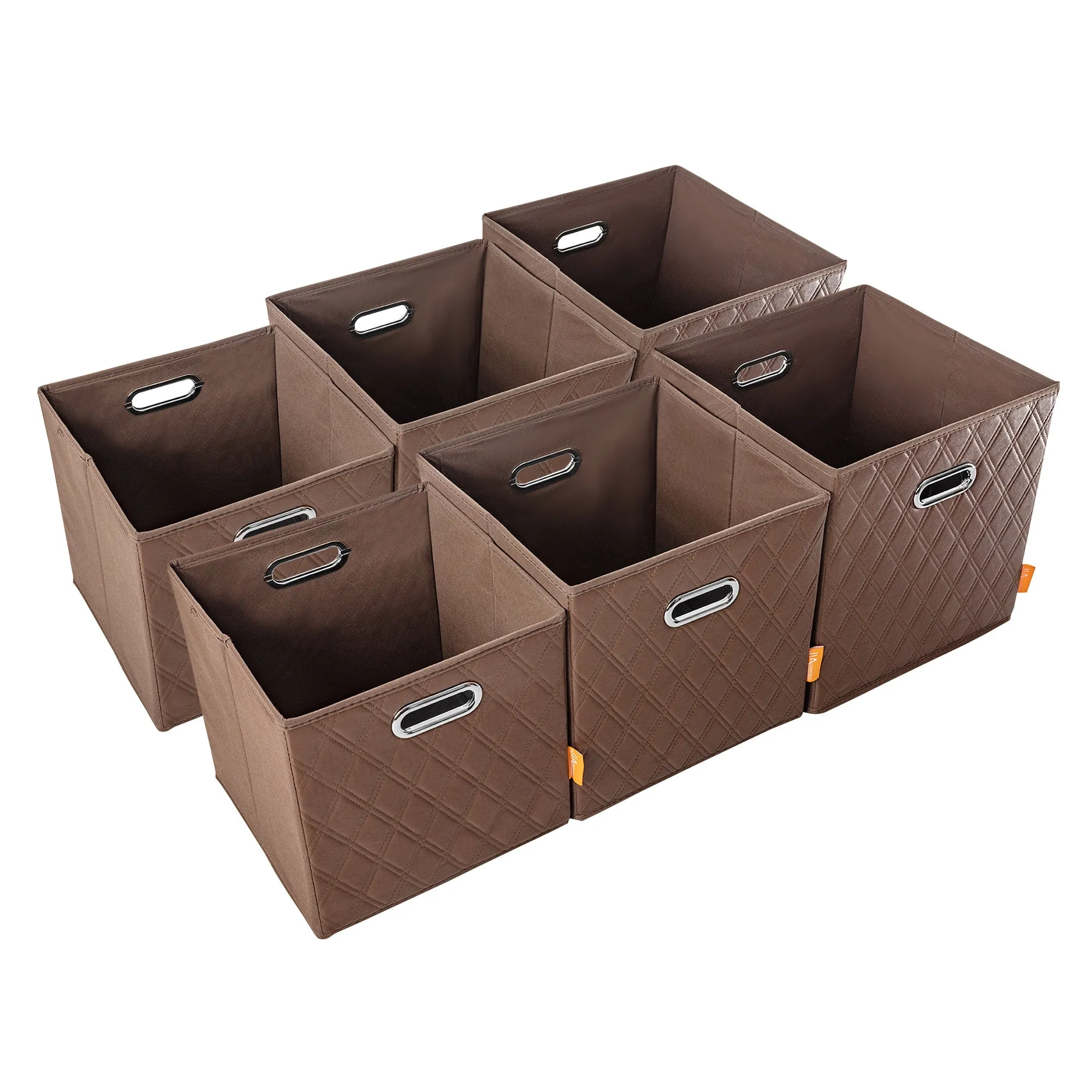 JIAessentials 13 inch Foldable Diamond Patterned Faux Leather Storage Cube Bins Set of Two with Dual Handles - 13" Brown