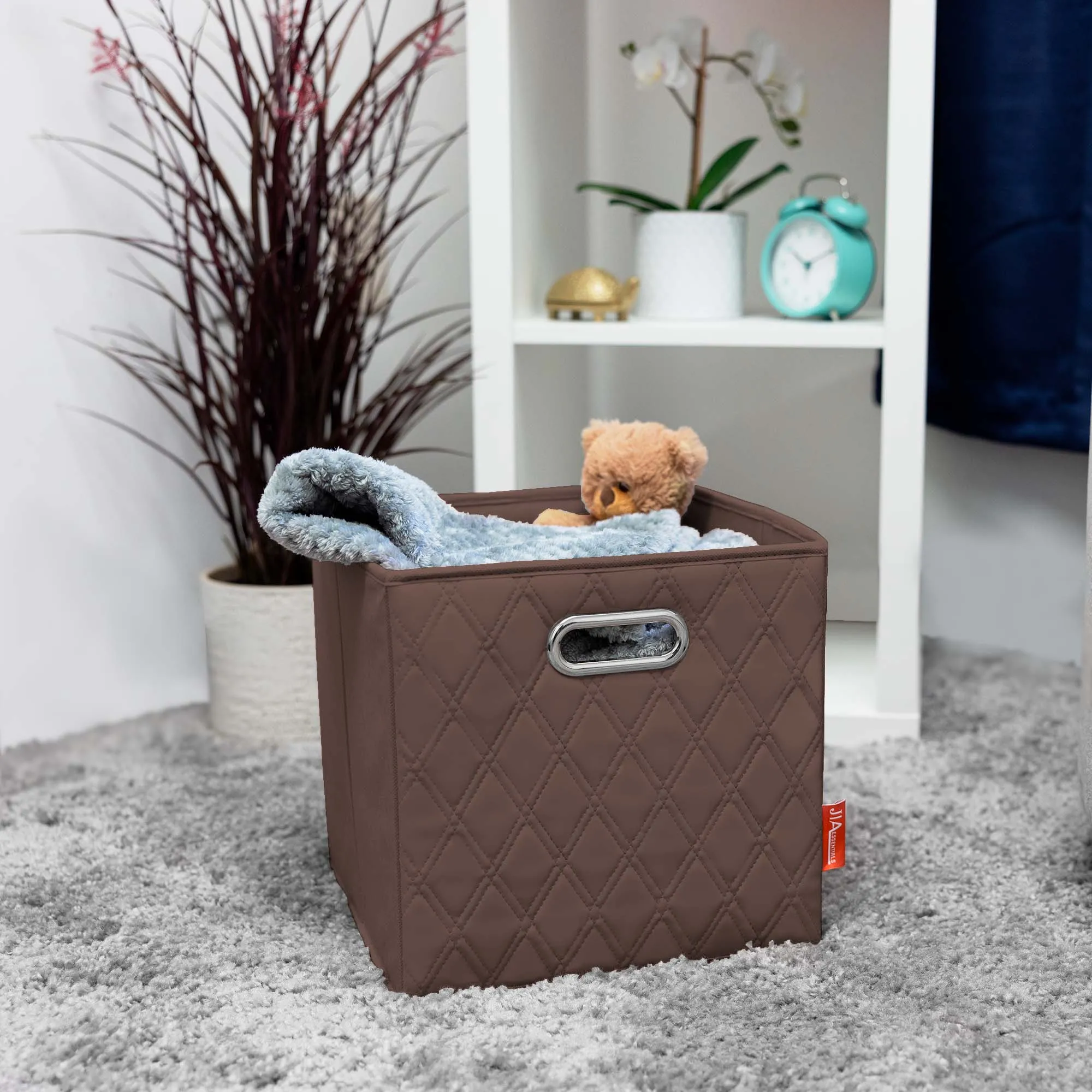 JIAessentials 13 inch Foldable Diamond Patterned Faux Leather Storage Cube Bins Set of Two with Dual Handles - 13" Brown