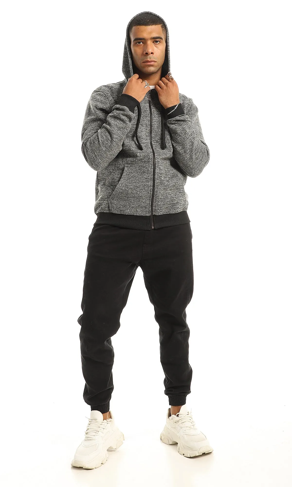 O155661 Black & Grey Hooded Sweatshirt With Front Zipper