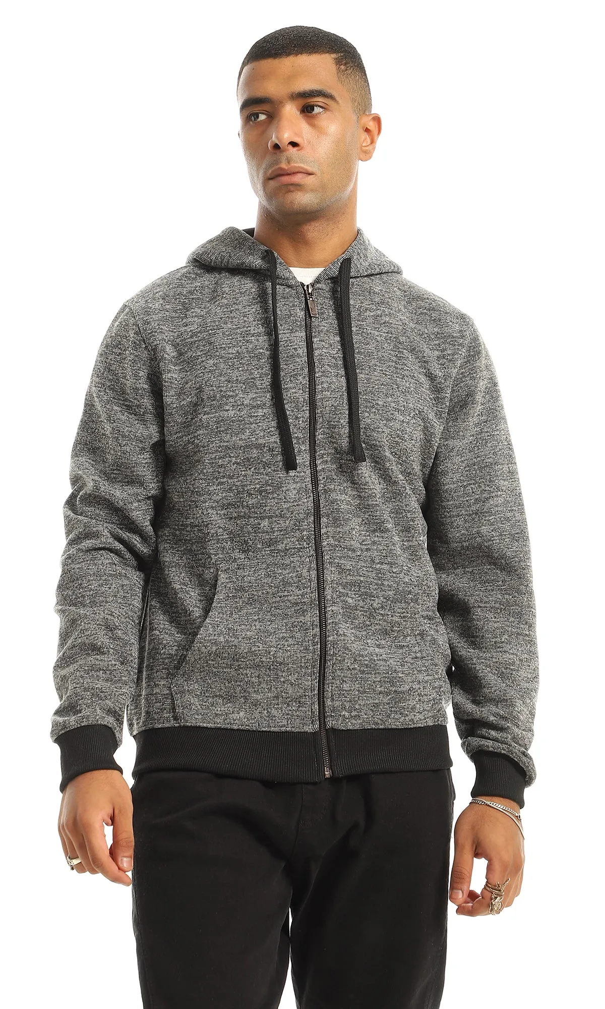 O155661 Black & Grey Hooded Sweatshirt With Front Zipper