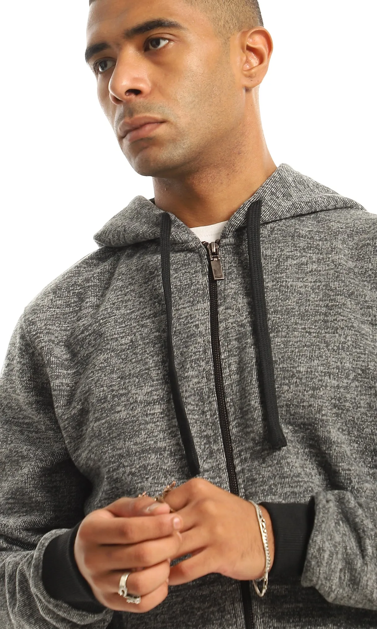 O155661 Black & Grey Hooded Sweatshirt With Front Zipper