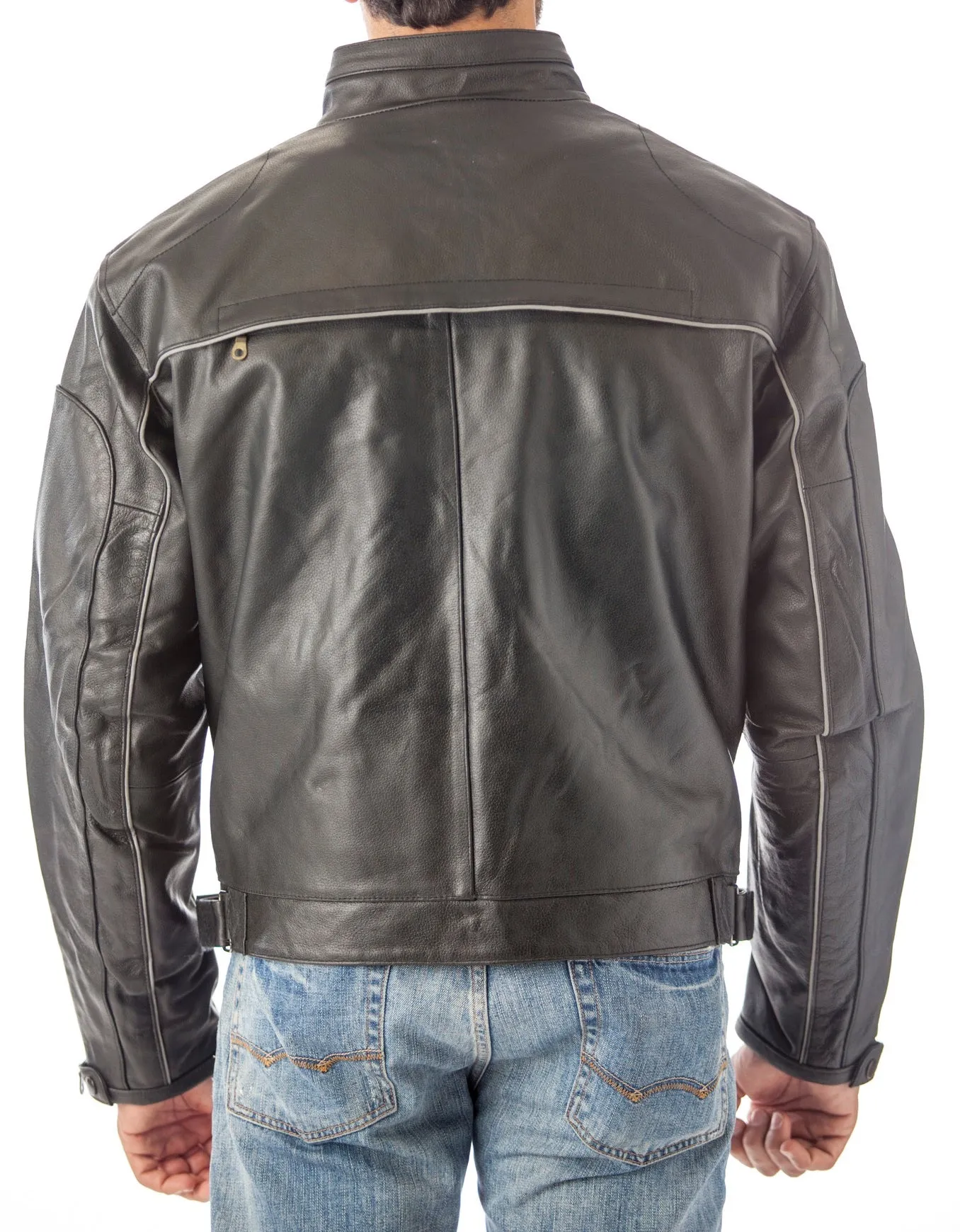 Vented Leather Motorcycle Jacket with Light Reflector - Imported